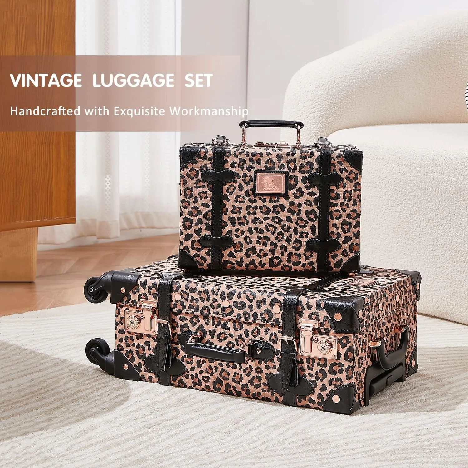 Unitravel 3 Piece Vintage Suitcase Set, 26" Handmade Women Travel Luggage with 12" Handbag, Hardside Faux Leather Retro Carry on Spinner Trunk with TSA Lock, Leopard, 26" 20" 12"