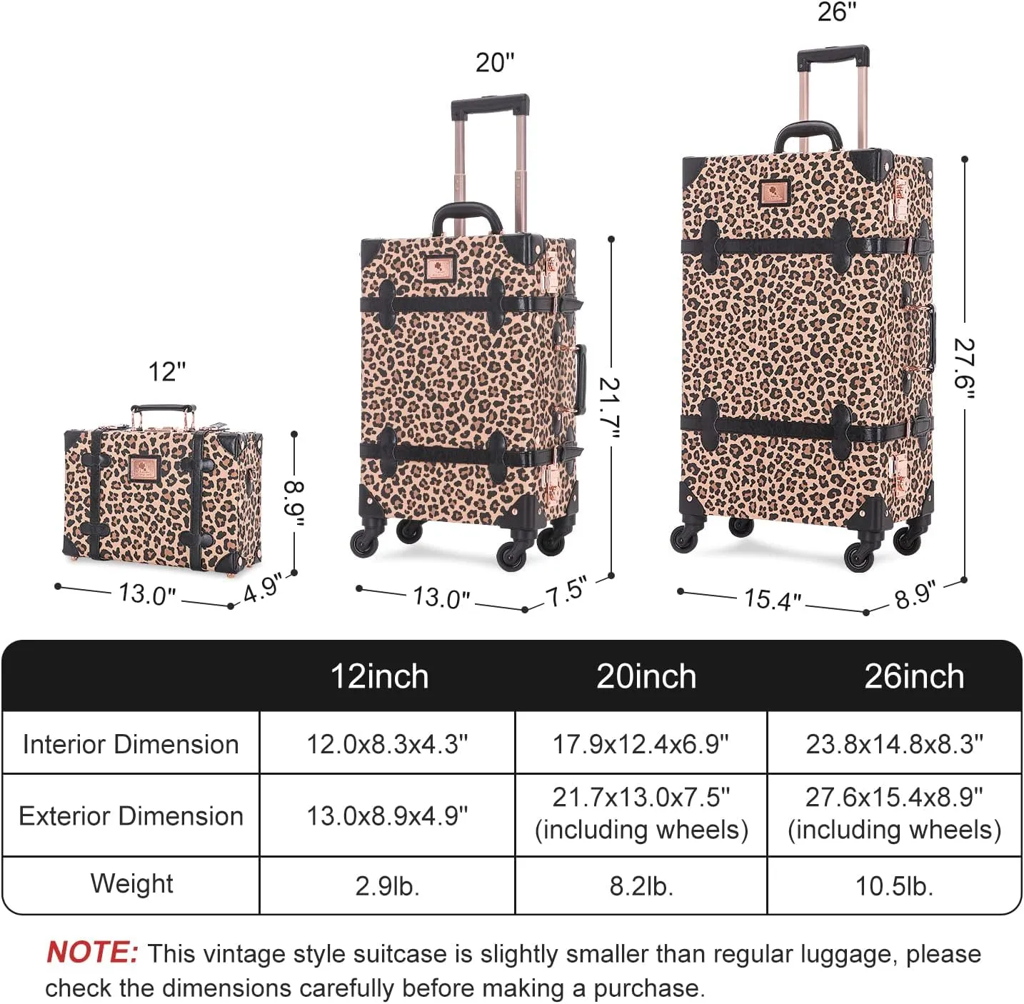 Unitravel 3 Piece Vintage Suitcase Set, 26" Handmade Women Travel Luggage with 12" Handbag, Hardside Faux Leather Retro Carry on Spinner Trunk with TSA Lock, Leopard, 26" 20" 12"