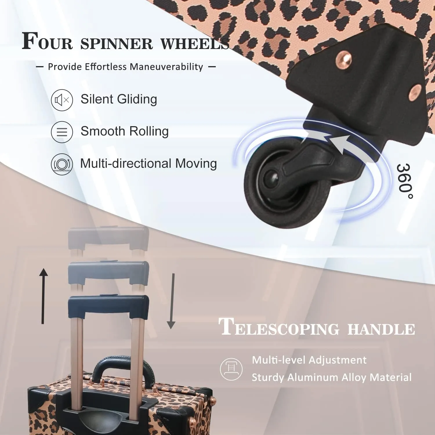 Unitravel 3 Piece Vintage Suitcase Set, 26" Handmade Women Travel Luggage with 12" Handbag, Hardside Faux Leather Retro Carry on Spinner Trunk with TSA Lock, Leopard, 26" 20" 12"