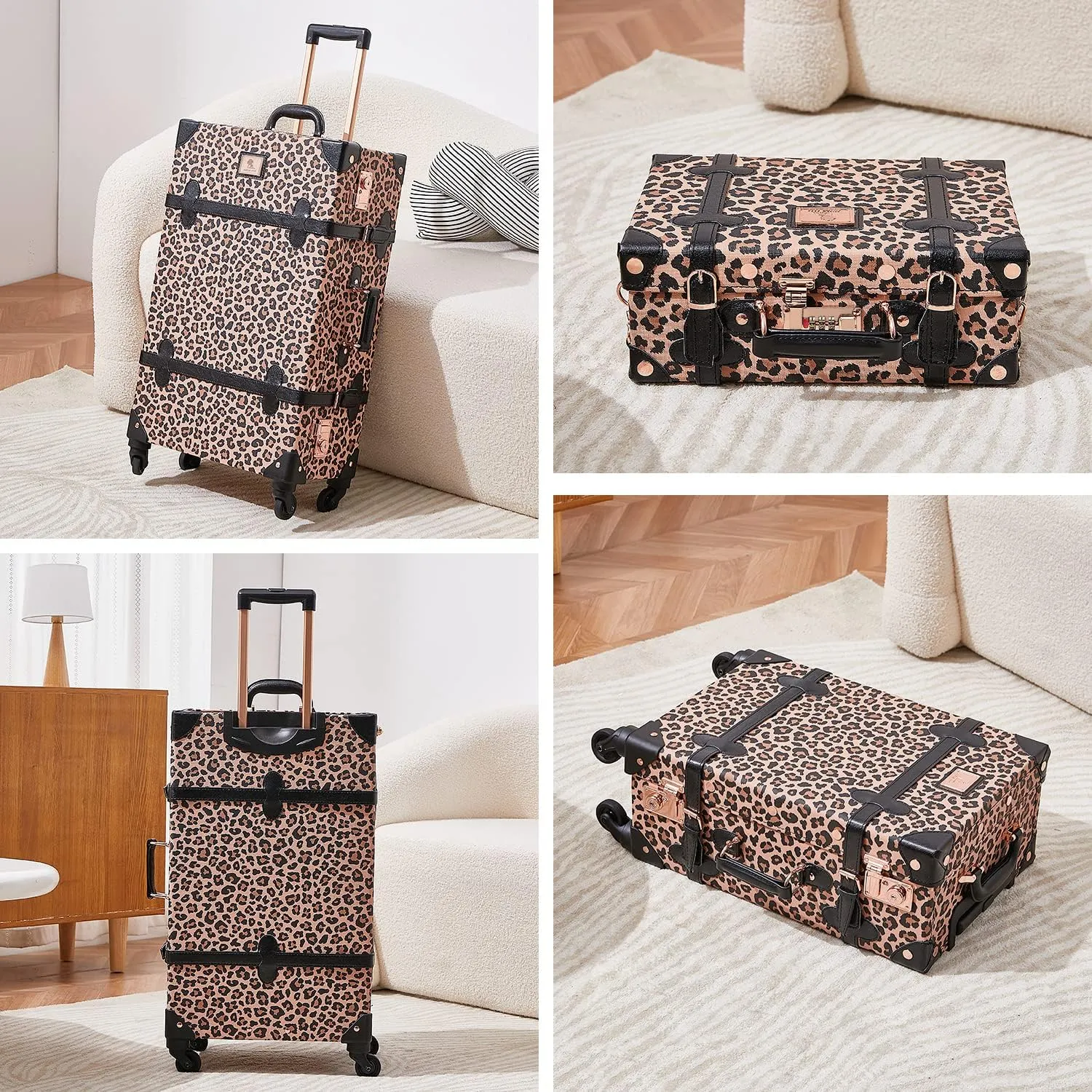 Unitravel 3 Piece Vintage Suitcase Set, 26" Handmade Women Travel Luggage with 12" Handbag, Hardside Faux Leather Retro Carry on Spinner Trunk with TSA Lock, Leopard, 26" 20" 12"