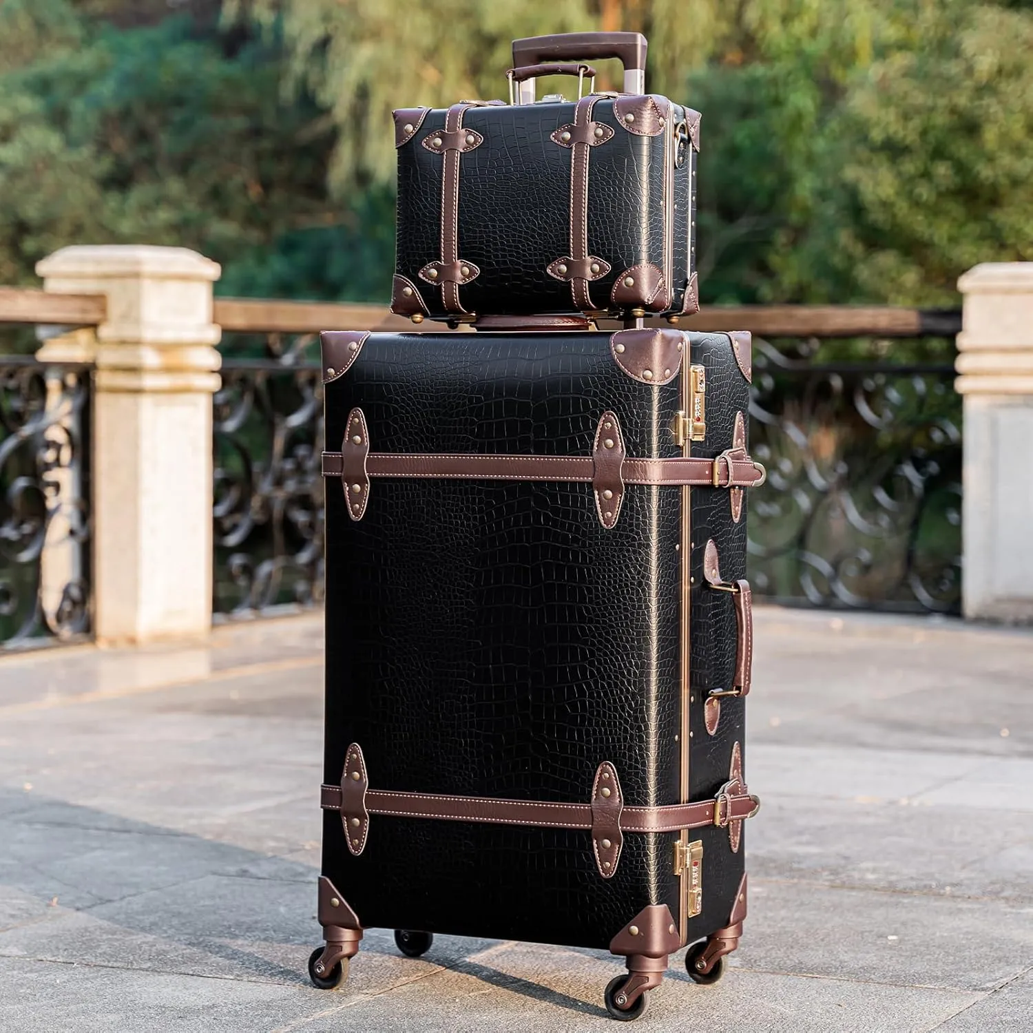 urecity Vintage Luggage Set of 2, Retro Suitcase Trunk with Wheels for Men and Women, Cute Designer Travel Luggage Set with Boarding Tote, Luggage Zipperless TSA Approved (Black, 26" 12")