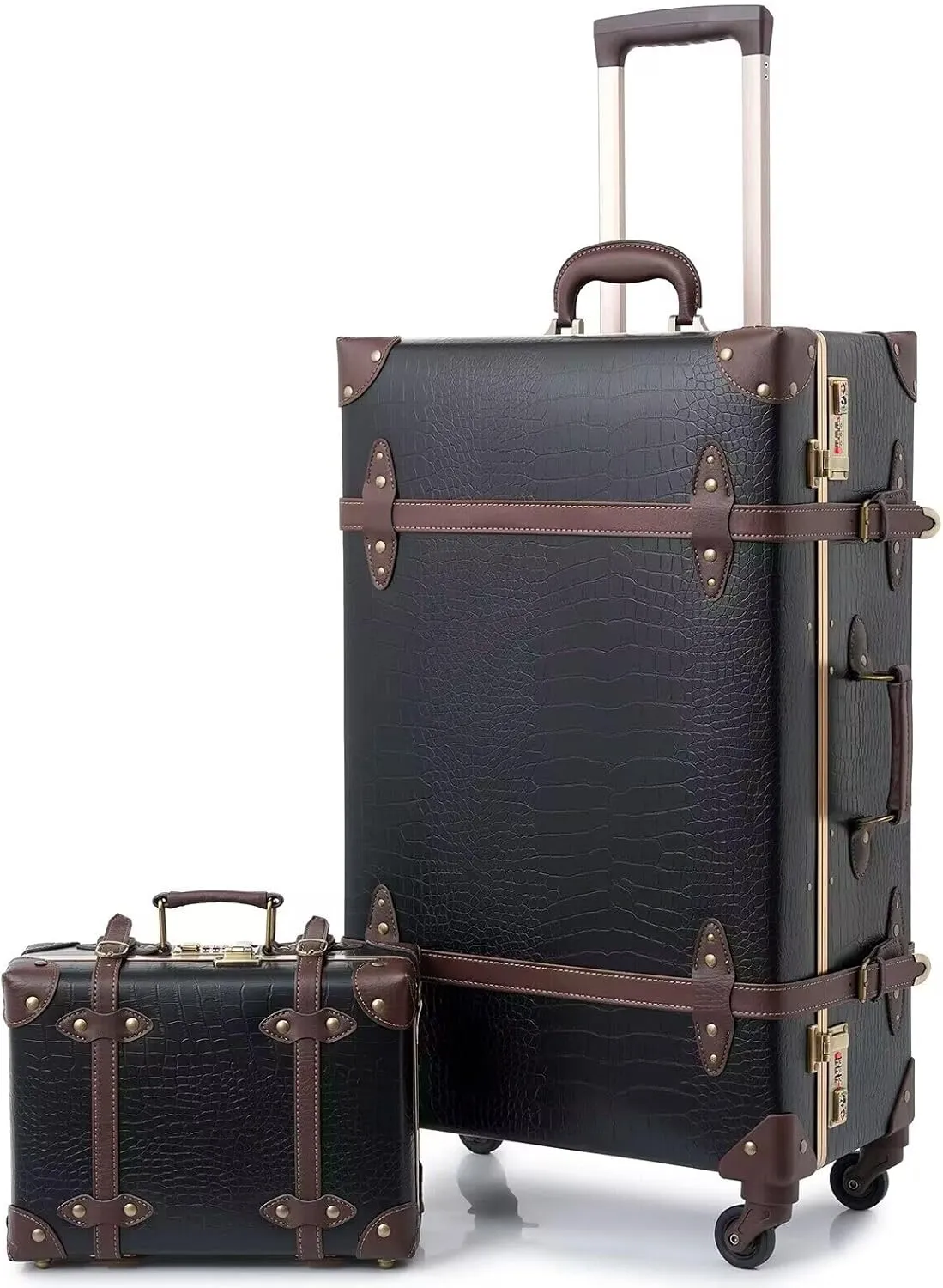 urecity Vintage Luggage Set of 2, Retro Suitcase Trunk with Wheels for Men and Women, Cute Designer Travel Luggage Set with Boarding Tote, Luggage Zipperless TSA Approved (Black, 26" 12")