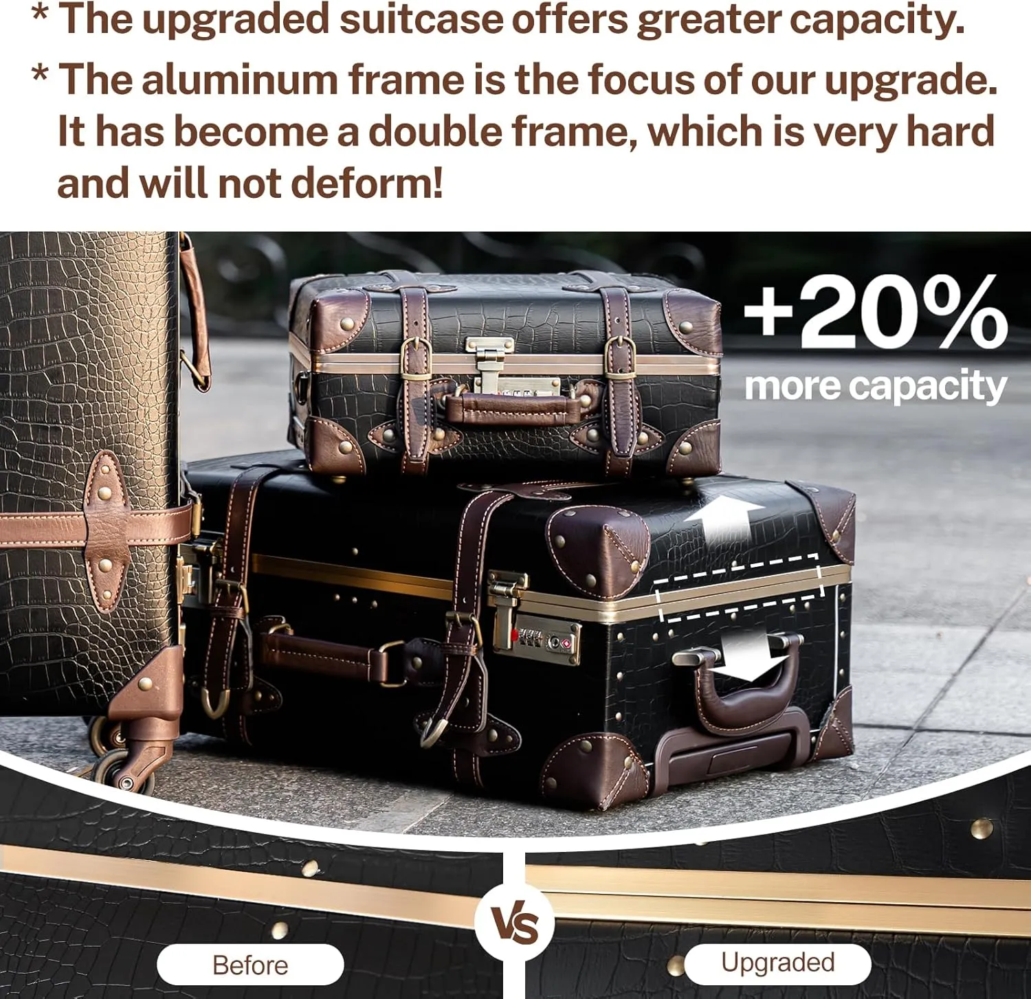 urecity Vintage Luggage Set of 2, Retro Suitcase Trunk with Wheels for Men and Women, Cute Designer Travel Luggage Set with Boarding Tote, Luggage Zipperless TSA Approved (Black, 26" 12")
