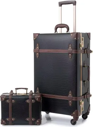 urecity Vintage Luggage Set of 2, Retro Suitcase Trunk with Wheels for Men and Women, Cute Designer Travel Luggage Set with Boarding Tote, Luggage Zipperless TSA Approved (Black, 26" 12")