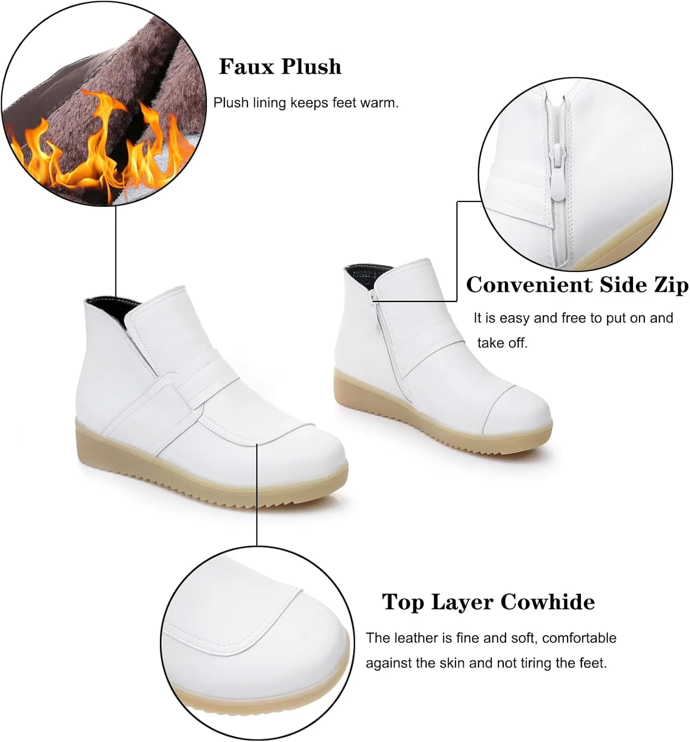 URLECHS Women's Genuine Leather Side Zipper Nursing Shoes Fur Lining Warm Booties Lightweight Comfortable Slip Resistant Work Shoes for Healthcare Professional Nursing