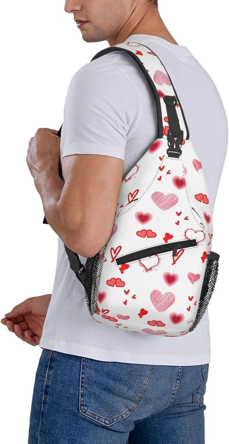 Valentine's Day. Love Red Hearts Crossbody Bag Cross Chest Bag Adjustable Sling Backpack Sports Gym Shoulder Bags Travel Cycling Daypack Diagonally Casual Rucksack