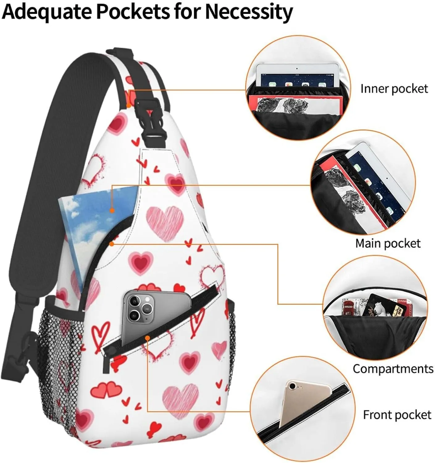 Valentine's Day. Love Red Hearts Crossbody Bag Cross Chest Bag Adjustable Sling Backpack Sports Gym Shoulder Bags Travel Cycling Daypack Diagonally Casual Rucksack