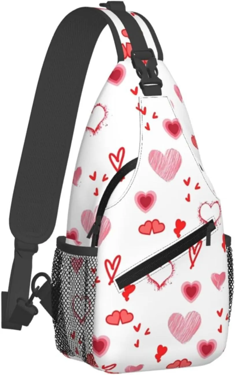 Valentine's Day. Love Red Hearts Crossbody Bag Cross Chest Bag Adjustable Sling Backpack Sports Gym Shoulder Bags Travel Cycling Daypack Diagonally Casual Rucksack