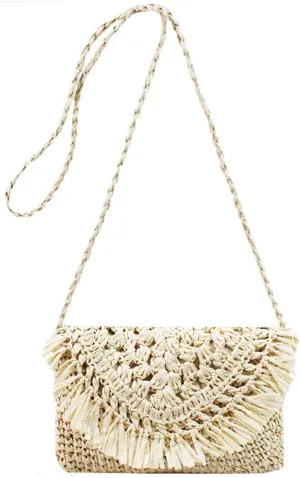 Van Caro Handwoven Cotton Straw Shoulder Bag Crochet Tassel Beach Bohemian Purse for Women