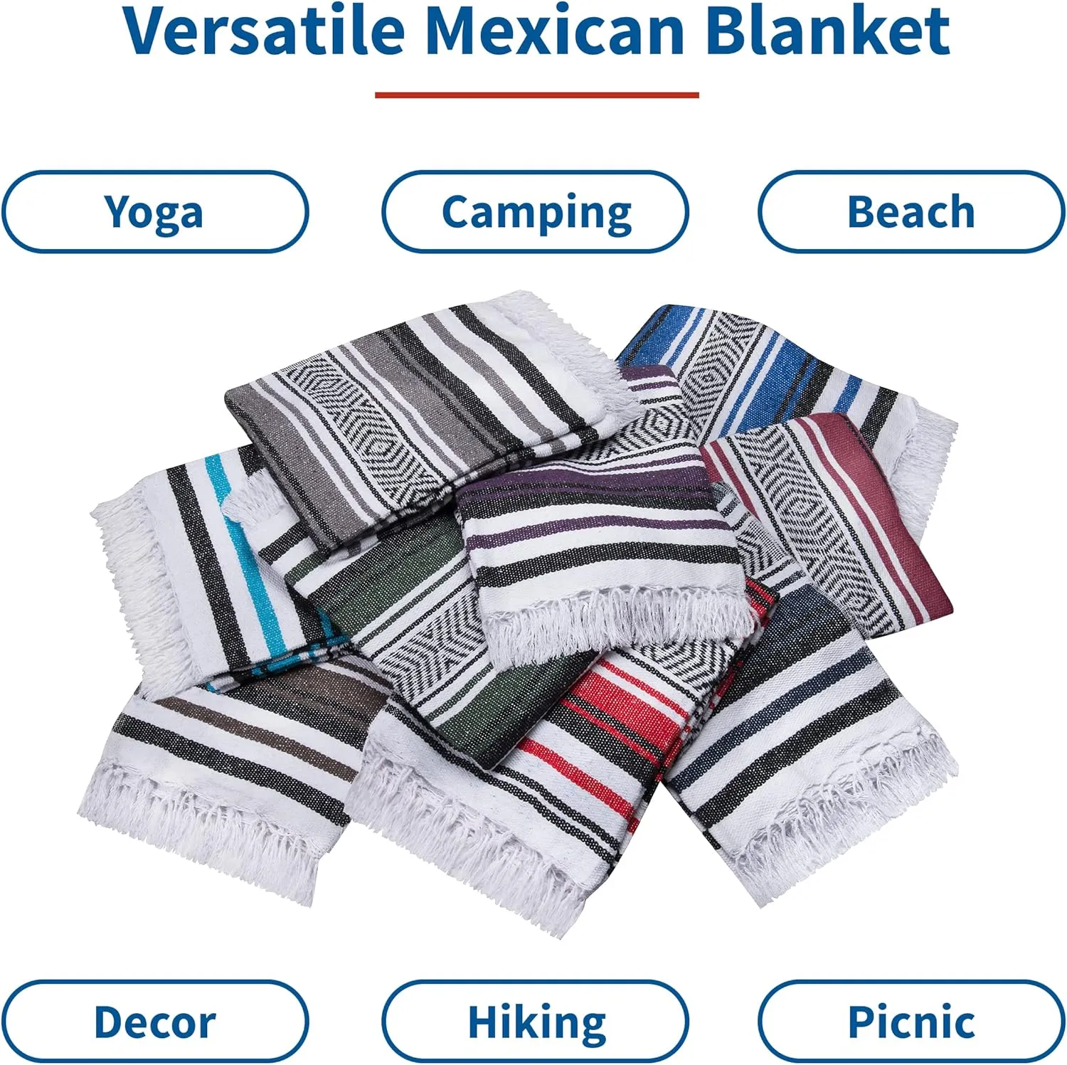 Vera Cruz Mexican Blankets and Throws, 10 Pack Thick Mexican Blanket, 75" x 53" Yoga Blankets, Outdoor Blanket for Camping, Beach, or Picnic, Machine-Washable, Hot Pink/Turquoise/Orange
