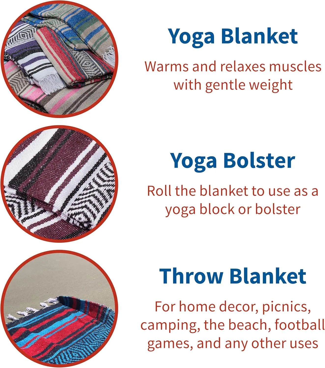 Vera Cruz Mexican Blankets and Throws, 10 Pack Thick Mexican Blanket, 75" x 53" Yoga Blankets, Outdoor Blanket for Camping, Beach, or Picnic, Machine-Washable, Hot Pink/Turquoise/Orange