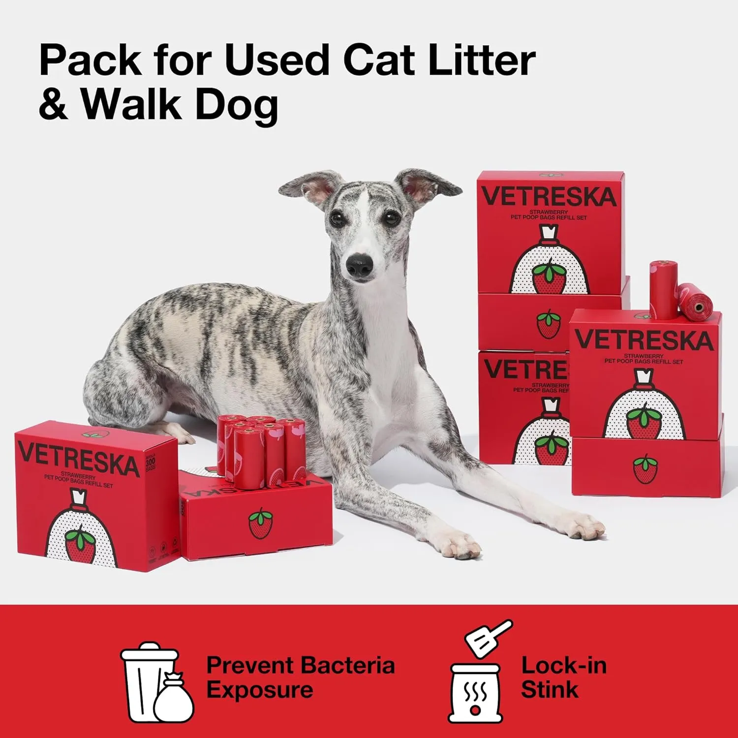 VETRESKA Strawberry Scented Dog Poop Bags, Leak Proof, Extra Thick and Large Pet Waste Bags for Dogs Walking and Cat Litter, 20 Refill Rolls, 300 Bags, Red