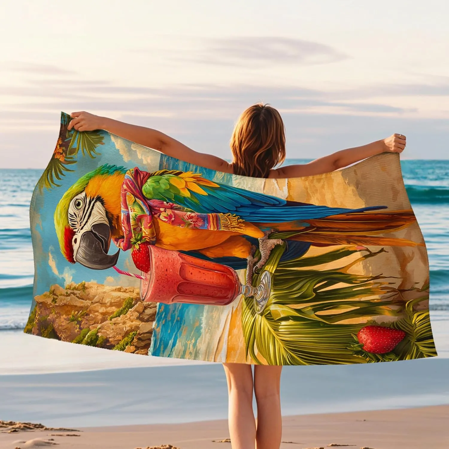 Vibrant Parrot Microfiber Beach Towel Extra Large Tropical Bird Design, Quick Dry Absorbent Sand Free Lightweight Beach Blanket, Vacation Pool Picnic Outdoor Essentials 62x31 Inch