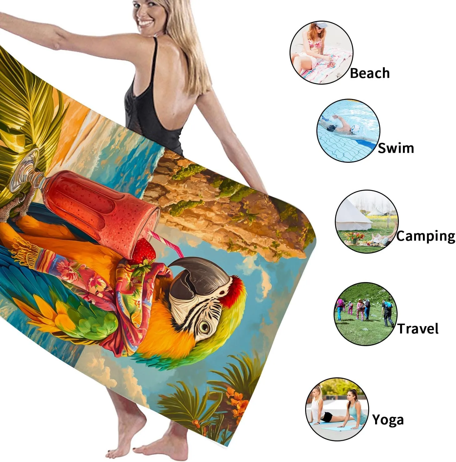 Vibrant Parrot Microfiber Beach Towel Extra Large Tropical Bird Design, Quick Dry Absorbent Sand Free Lightweight Beach Blanket, Vacation Pool Picnic Outdoor Essentials 62x31 Inch