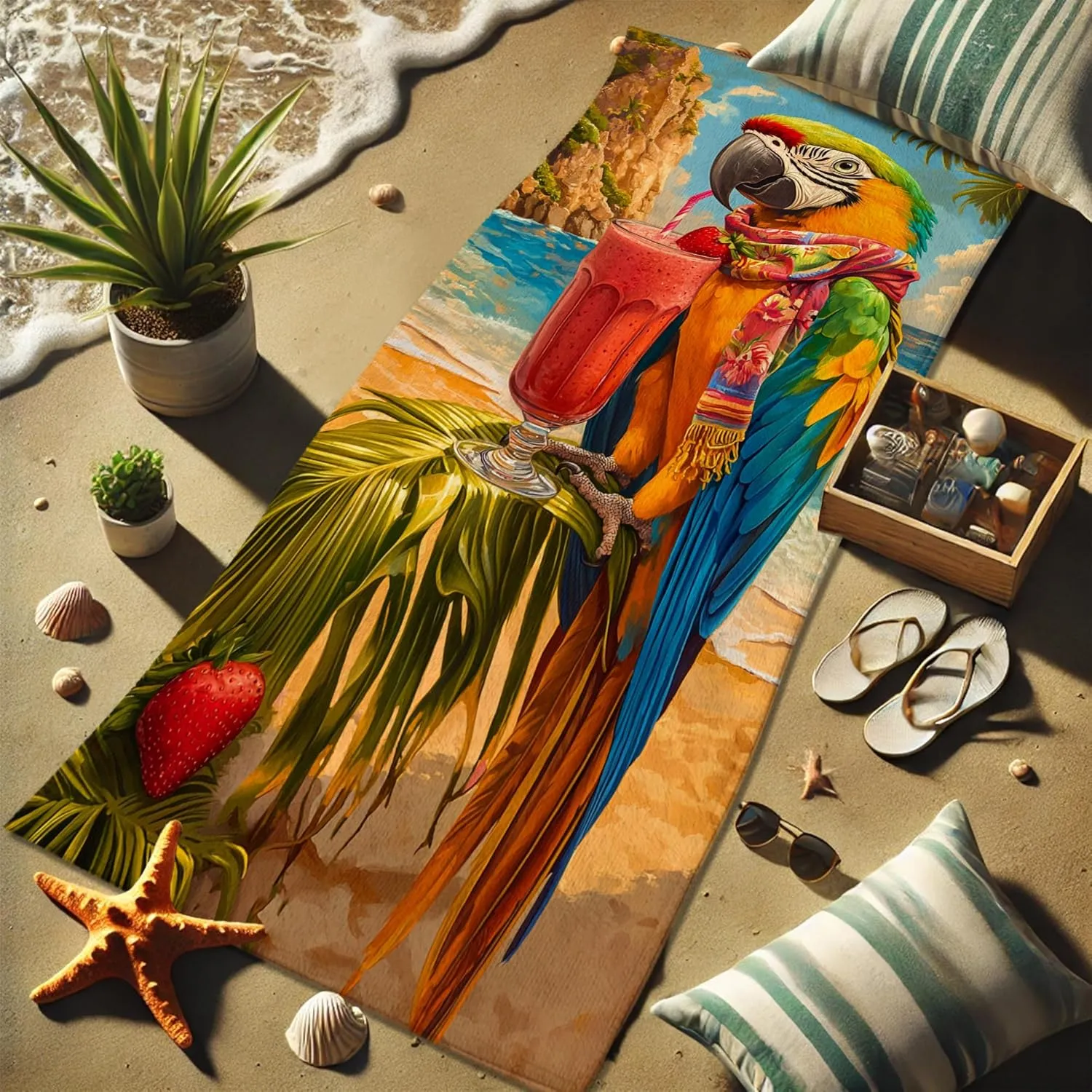 Vibrant Parrot Microfiber Beach Towel Extra Large Tropical Bird Design, Quick Dry Absorbent Sand Free Lightweight Beach Blanket, Vacation Pool Picnic Outdoor Essentials 62x31 Inch