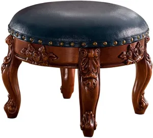 Vintage Faux Leather Carved Footstool with Buttons 4 Carved Legs Sofa with European Decorations Coffee Table Stool,Cream White Padded Round Footstool (Green)