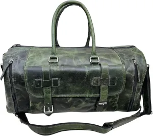 Vintage Leather Duffle Bag for Men and Women, Forest Green Weekender Overnight Bag with Shoulder Strap, Large Travel Carry-On Gym Bag