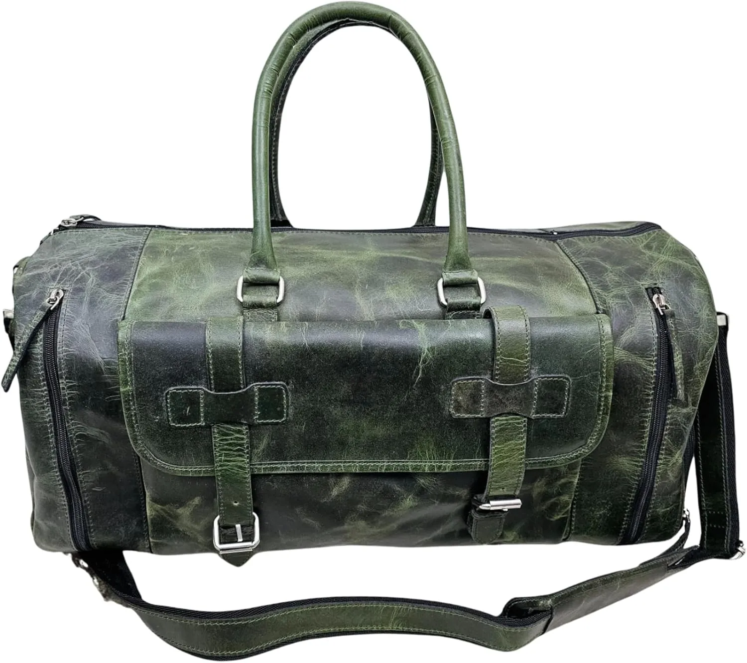 Vintage Leather Duffle Bag for Men and Women, Forest Green Weekender Overnight Bag with Shoulder Strap, Large Travel Carry-On Gym Bag