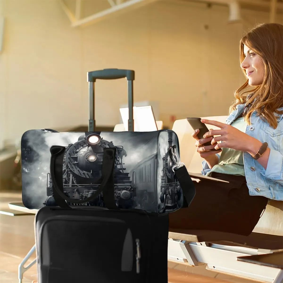 Vintage Steam Locomotive Train Travel Duffel Bag for Women Men Waterproof Foldable Overnight Weekender Bag Large Capacity Sports Gym Bag