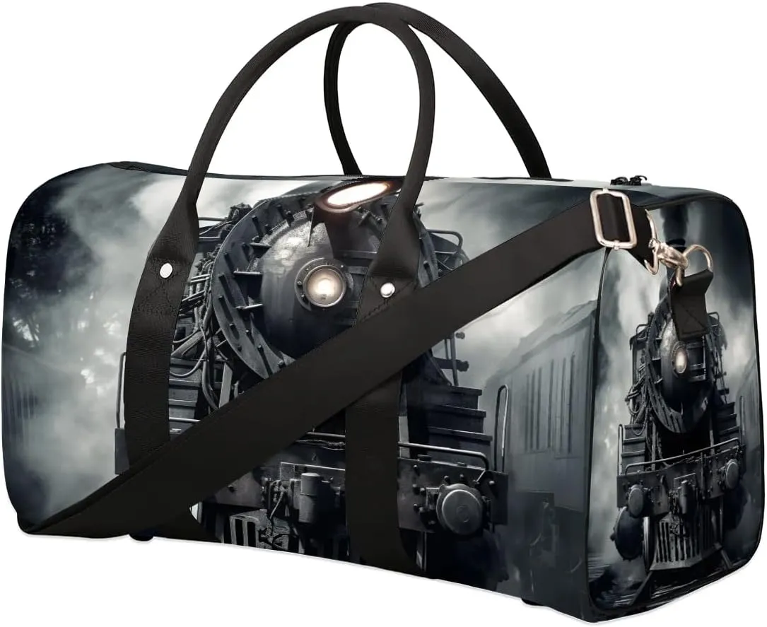 Vintage Steam Locomotive Train Travel Duffel Bag for Women Men Waterproof Foldable Overnight Weekender Bag Large Capacity Sports Gym Bag