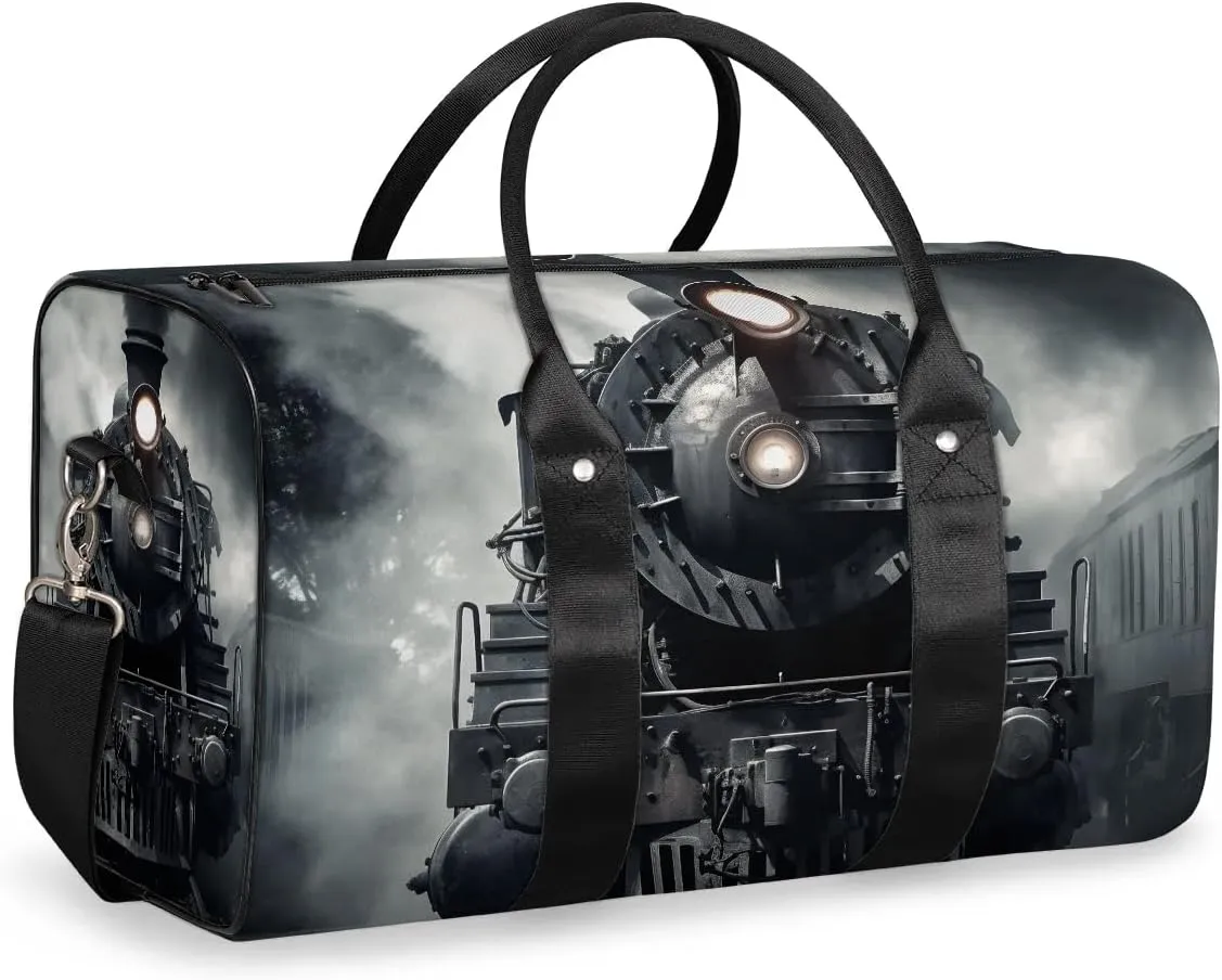 Vintage Steam Locomotive Train Travel Duffel Bag for Women Men Waterproof Foldable Overnight Weekender Bag Large Capacity Sports Gym Bag