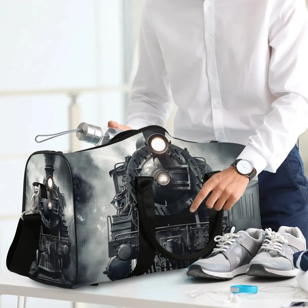 Vintage Steam Locomotive Train Travel Duffel Bag for Women Men Waterproof Foldable Overnight Weekender Bag Large Capacity Sports Gym Bag
