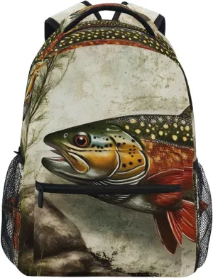 Vintage Trout Fish Backpack Daypack Shoulder Bag Book Bag Lightweight Back Pack 11.4 ×16 In