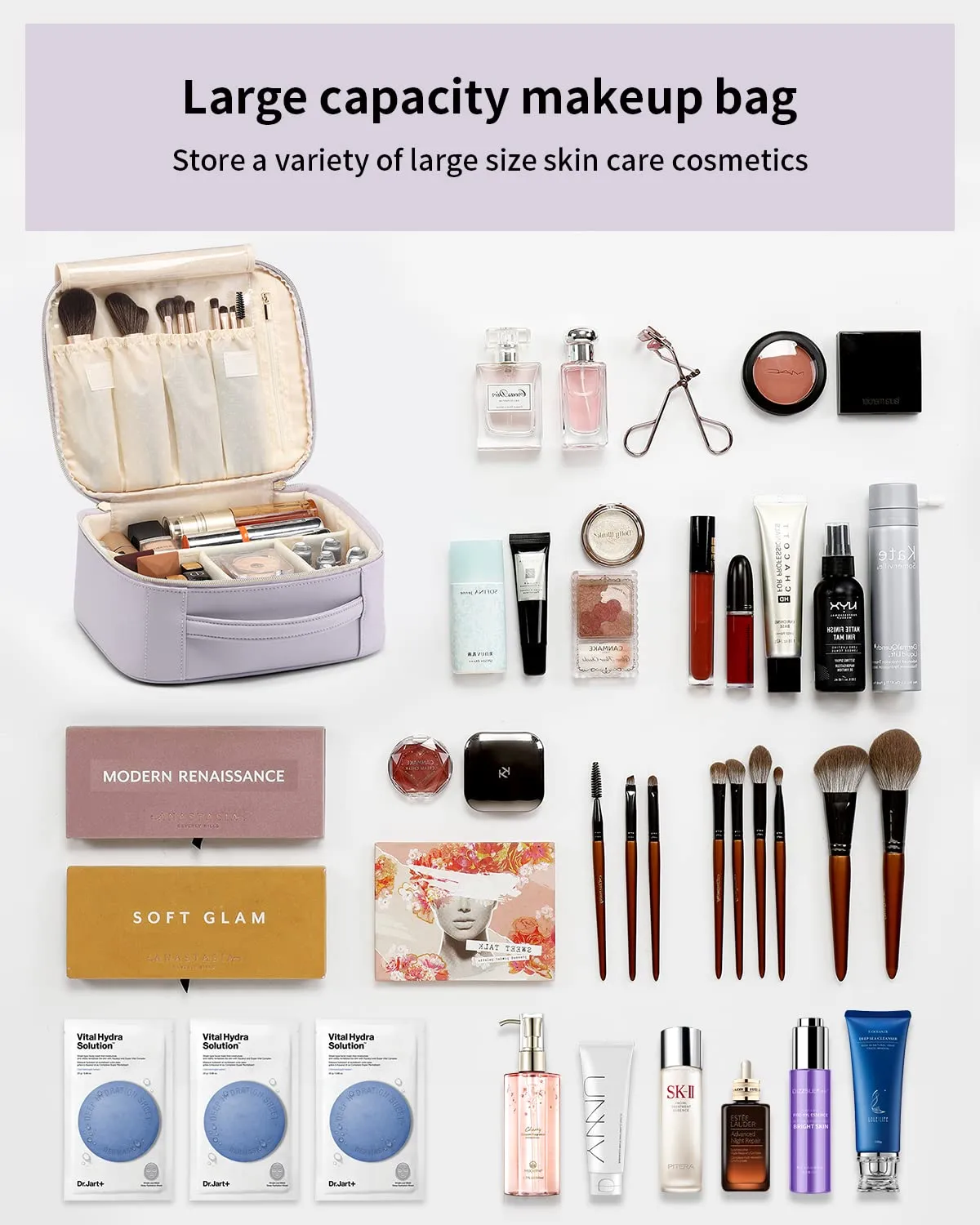 Vlando Makeup Bag Travel Cosmetics Bag Faux Leather Make up Bag Portable Artist Storage Bag with Adjustable Dividers for Cosmetics Makeup Brushes, Girls, Women, Friends Gifts Purple