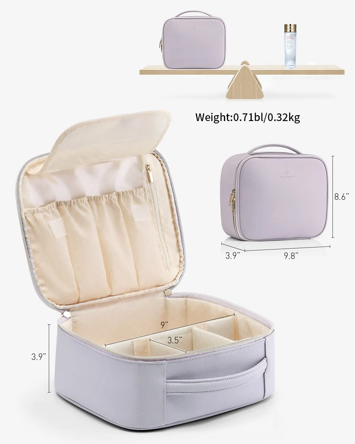 Vlando Makeup Bag Travel Cosmetics Bag Faux Leather Make up Bag Portable Artist Storage Bag with Adjustable Dividers for Cosmetics Makeup Brushes, Girls, Women, Friends Gifts Purple