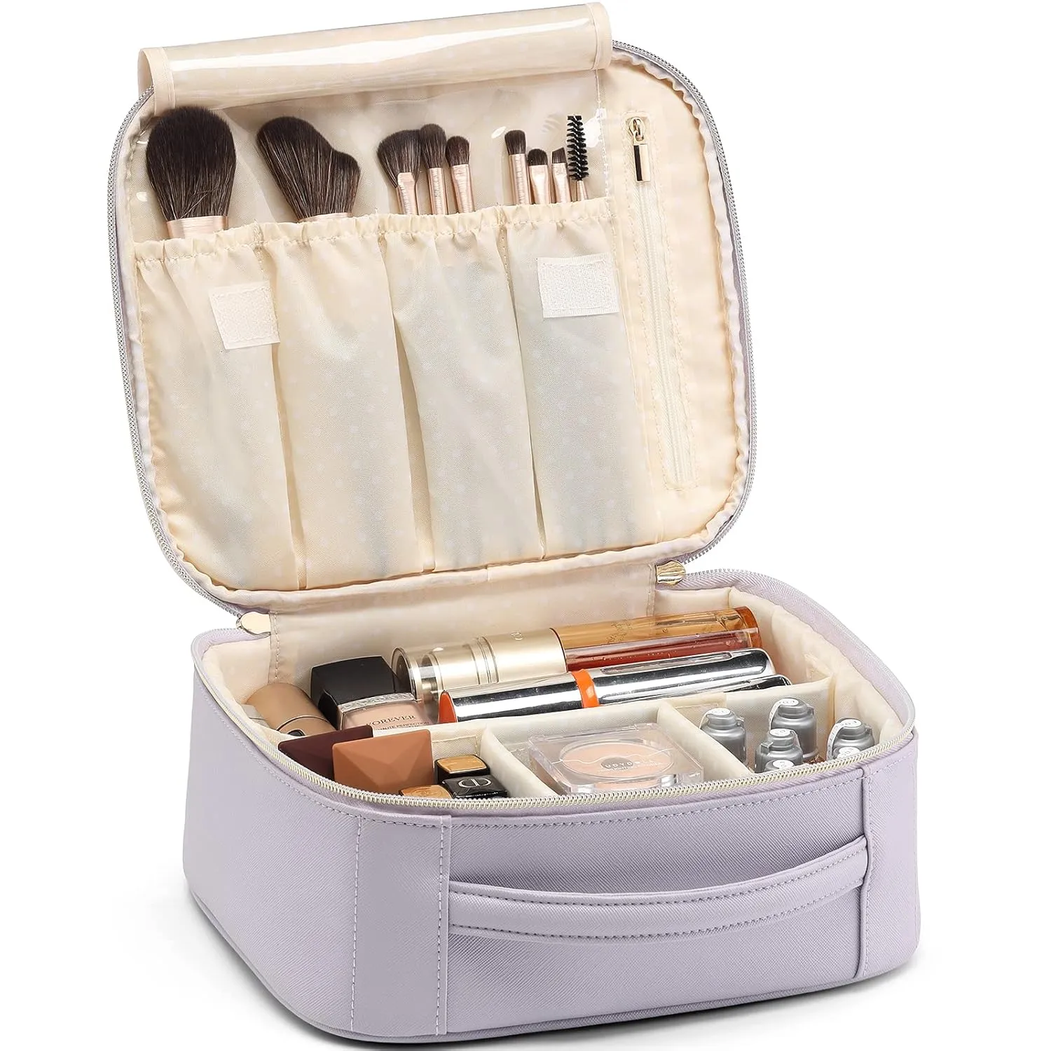 Vlando Makeup Bag Travel Cosmetics Bag Faux Leather Make up Bag Portable Artist Storage Bag with Adjustable Dividers for Cosmetics Makeup Brushes, Girls, Women, Friends Gifts Purple