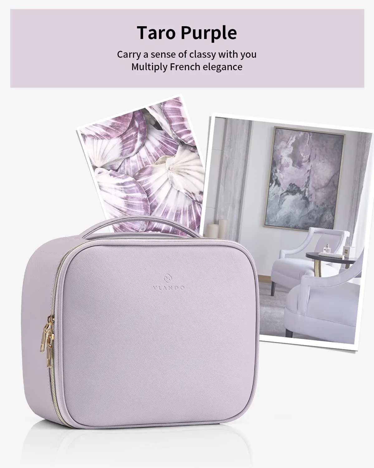 Vlando Makeup Bag Travel Cosmetics Bag Faux Leather Make up Bag Portable Artist Storage Bag with Adjustable Dividers for Cosmetics Makeup Brushes, Girls, Women, Friends Gifts Purple