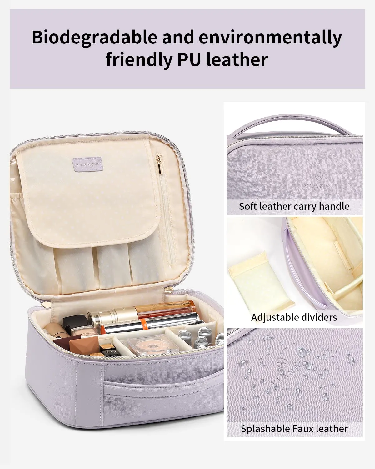 Vlando Makeup Bag Travel Cosmetics Bag Faux Leather Make up Bag Portable Artist Storage Bag with Adjustable Dividers for Cosmetics Makeup Brushes, Girls, Women, Friends Gifts Purple