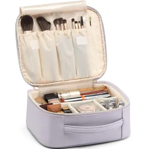 Vlando Makeup Bag Travel Cosmetics Bag Faux Leather Make up Bag Portable Artist Storage Bag with Adjustable Dividers for Cosmetics Makeup Brushes, Girls, Women, Friends Gifts Purple