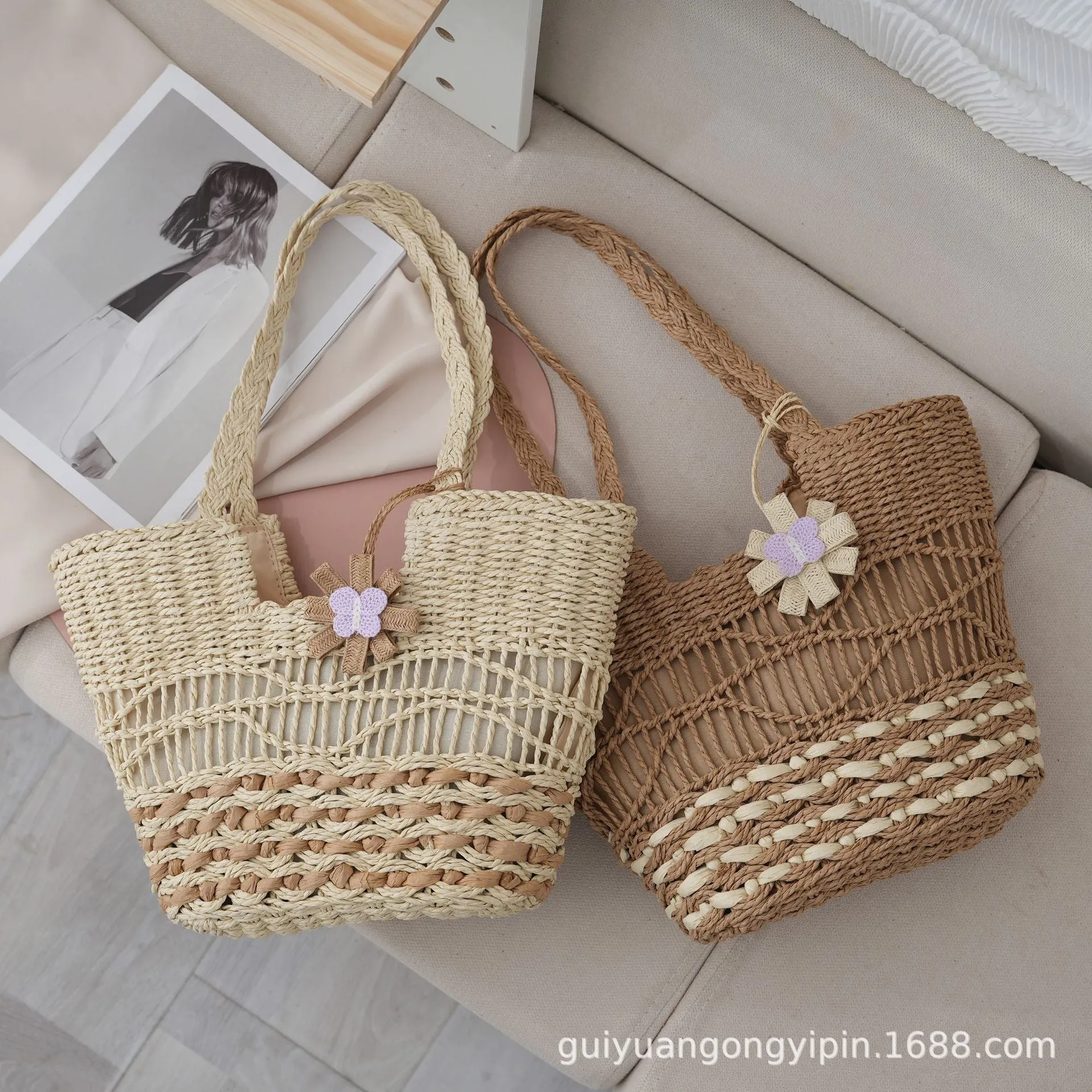 VLOVELAW Woven Straw Shoulder Bag Versatile Large Capacity Tote Bag with Lining Hollow HAILANG Corrugated Summer Beach Women's Bag