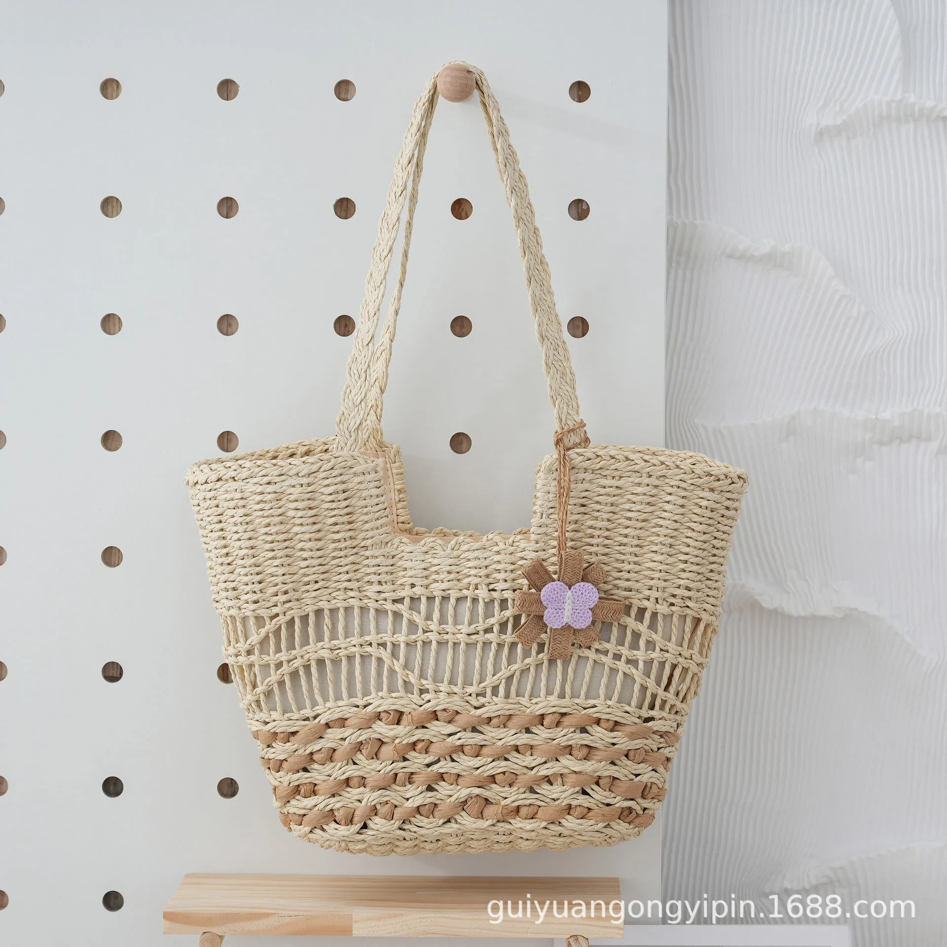 VLOVELAW Woven Straw Shoulder Bag Versatile Large Capacity Tote Bag with Lining Hollow HAILANG Corrugated Summer Beach Women's Bag