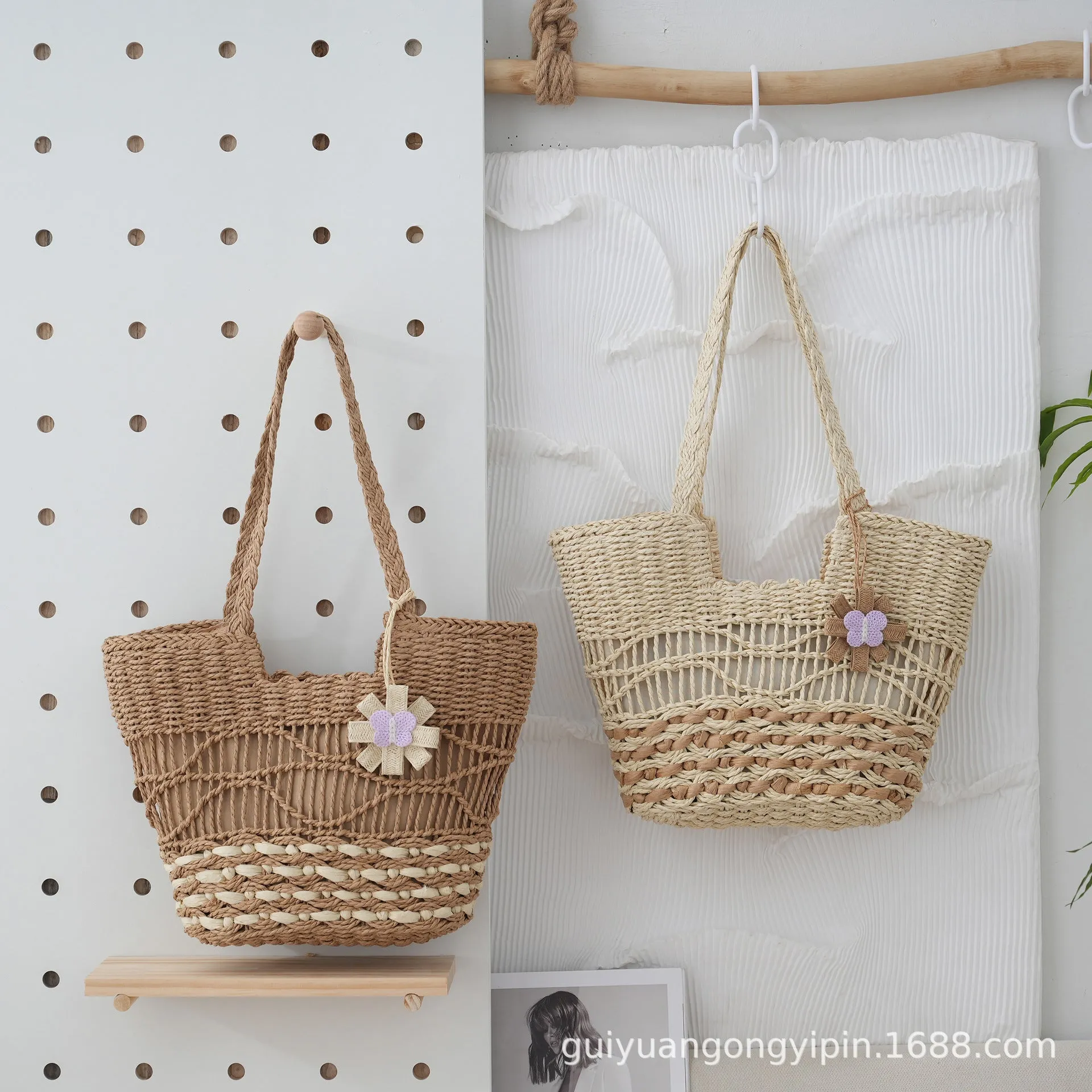 VLOVELAW Woven Straw Shoulder Bag Versatile Large Capacity Tote Bag with Lining Hollow HAILANG Corrugated Summer Beach Women's Bag