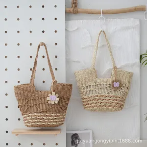 VLOVELAW Woven Straw Shoulder Bag Versatile Large Capacity Tote Bag with Lining Hollow HAILANG Corrugated Summer Beach Women's Bag
