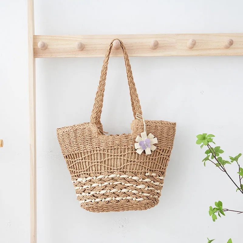 VLOVELAW Woven Straw Shoulder Bag Versatile Large Capacity Tote Bag with Lining Hollow HAILANG Corrugated Summer Beach Women's Bag