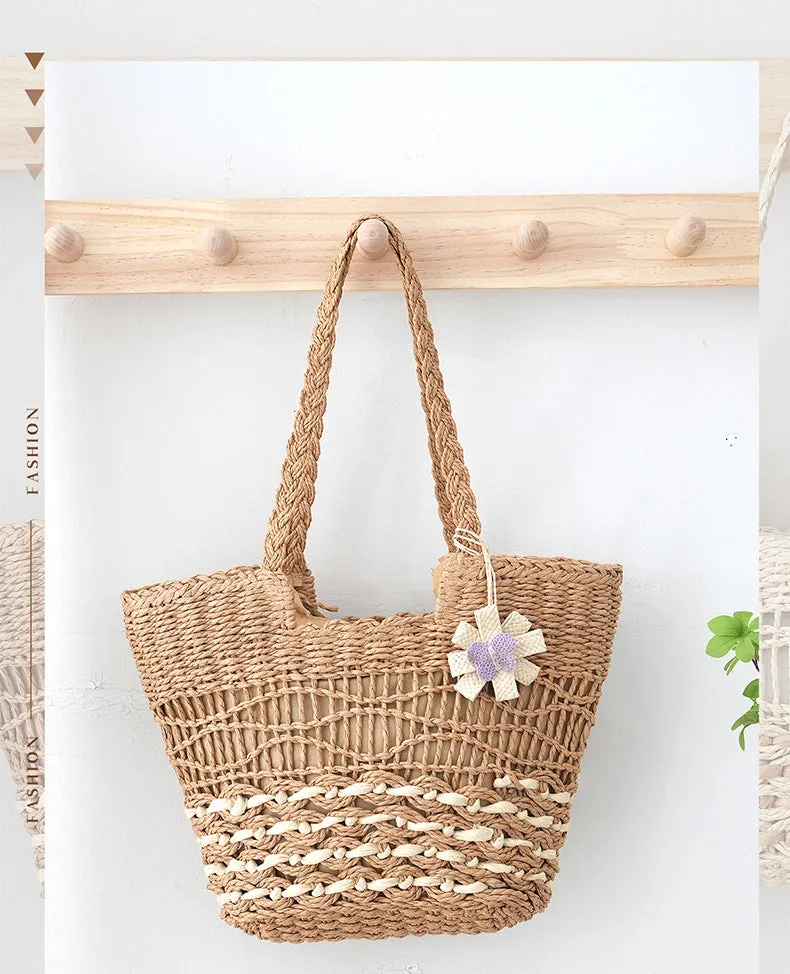 VLOVELAW Woven Straw Shoulder Bag Versatile Large Capacity Tote Bag with Lining Hollow HAILANG Corrugated Summer Beach Women's Bag