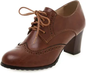 VOKLIN Women's Lace Up Wingtip Pump Oxfords Brogues Perforated Chunky Block High Heels Vintage Dress Shoes