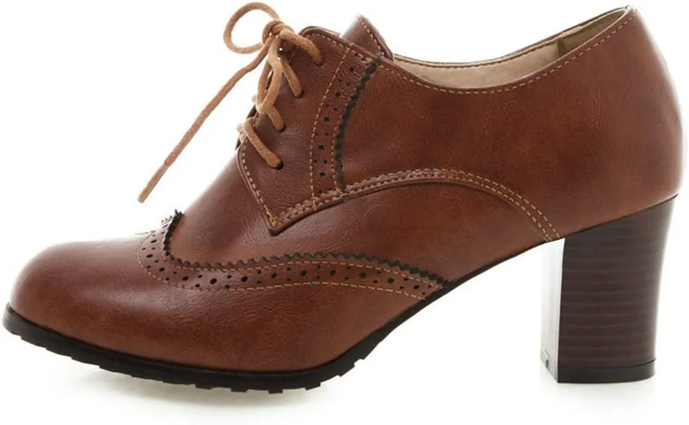 VOKLIN Women's Lace Up Wingtip Pump Oxfords Brogues Perforated Chunky Block High Heels Vintage Dress Shoes