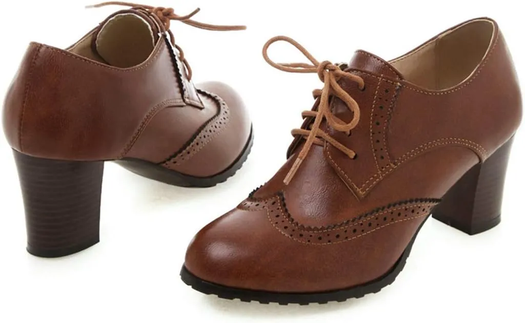 VOKLIN Women's Lace Up Wingtip Pump Oxfords Brogues Perforated Chunky Block High Heels Vintage Dress Shoes