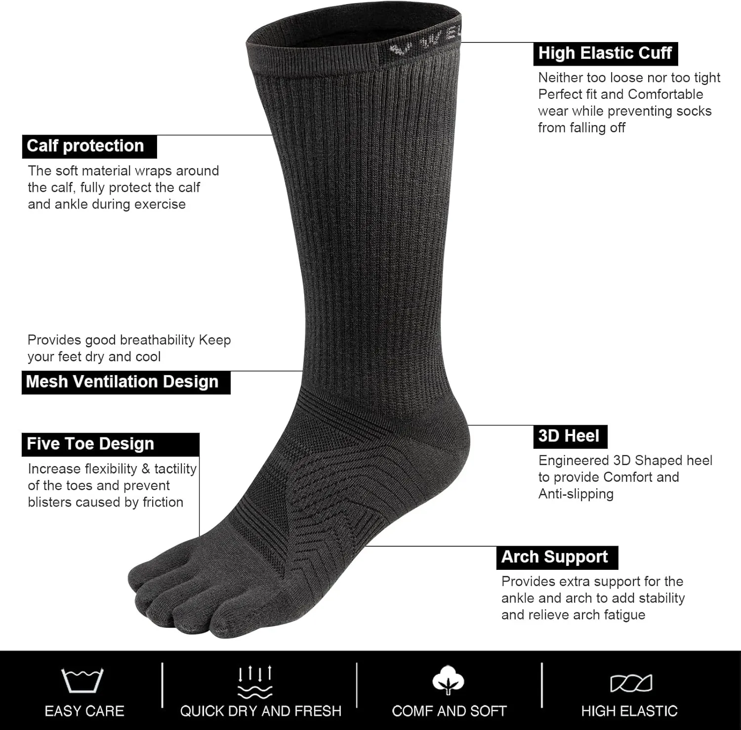 VWELL Toe Socks for Men Women Running COOLMAX Mid-Calf Finger Socks Athletic Breathable Five Toe Design Quick Dry, 3Pairs