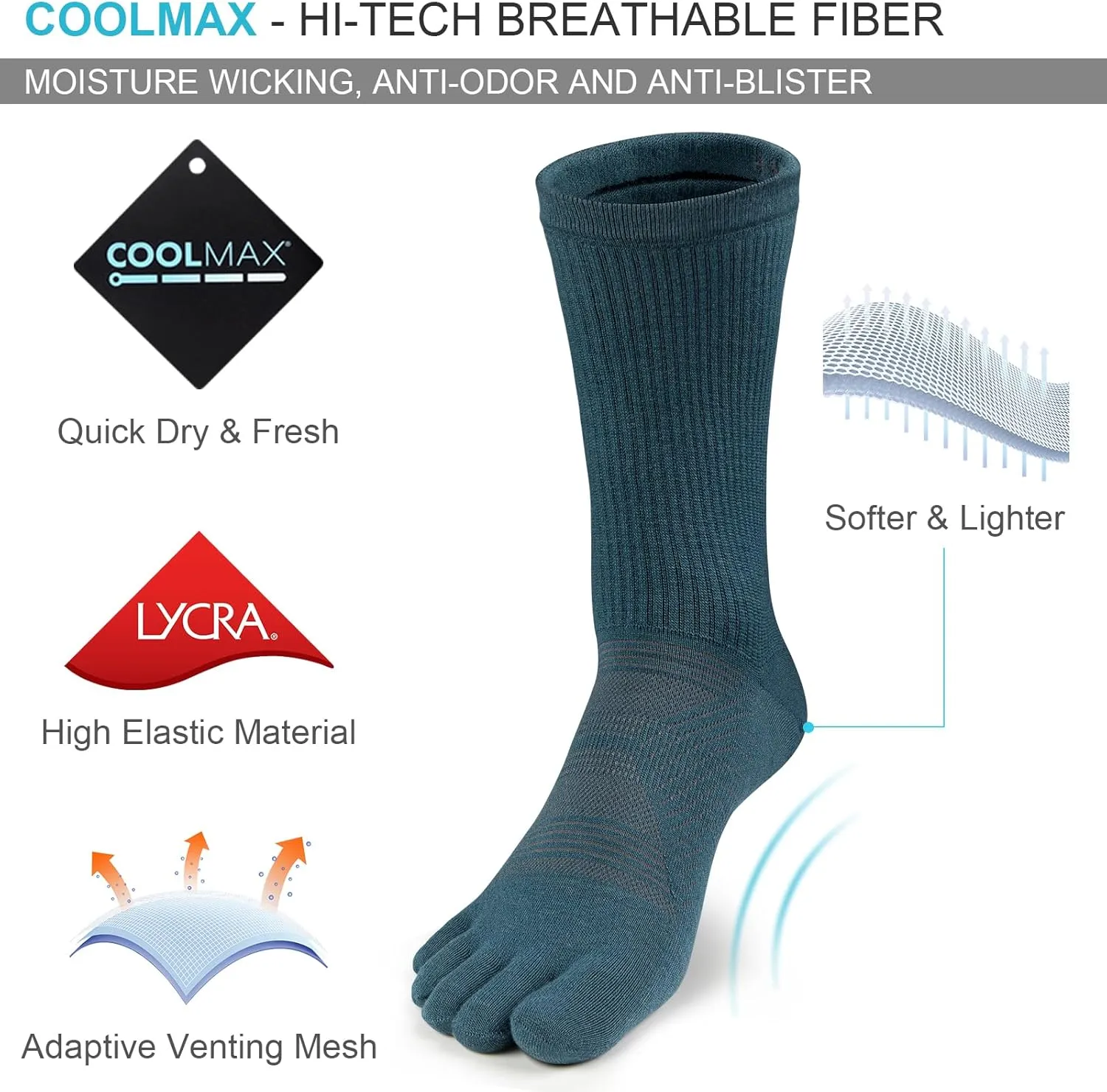 VWELL Toe Socks for Men Women Running COOLMAX Mid-Calf Finger Socks Athletic Breathable Five Toe Design Quick Dry, 3Pairs
