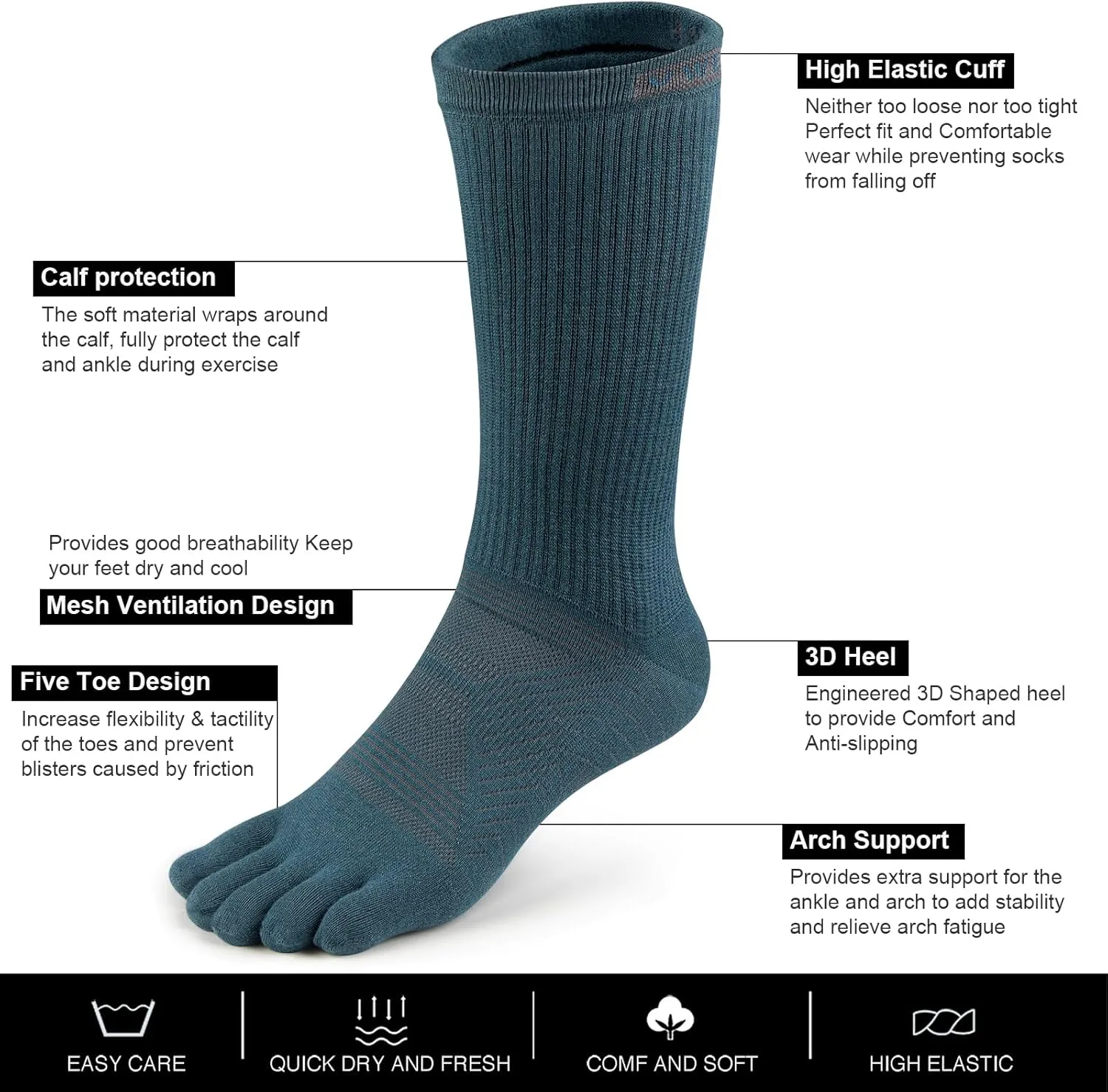 VWELL Toe Socks for Men Women Running COOLMAX Mid-Calf Finger Socks Athletic Breathable Five Toe Design Quick Dry, 3Pairs