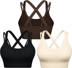 WANAYOU Sports Bras for Women High Support Ribbed Strappy Running Sports Bra Criss Cross Back Workout Bra Padded 3 Pack