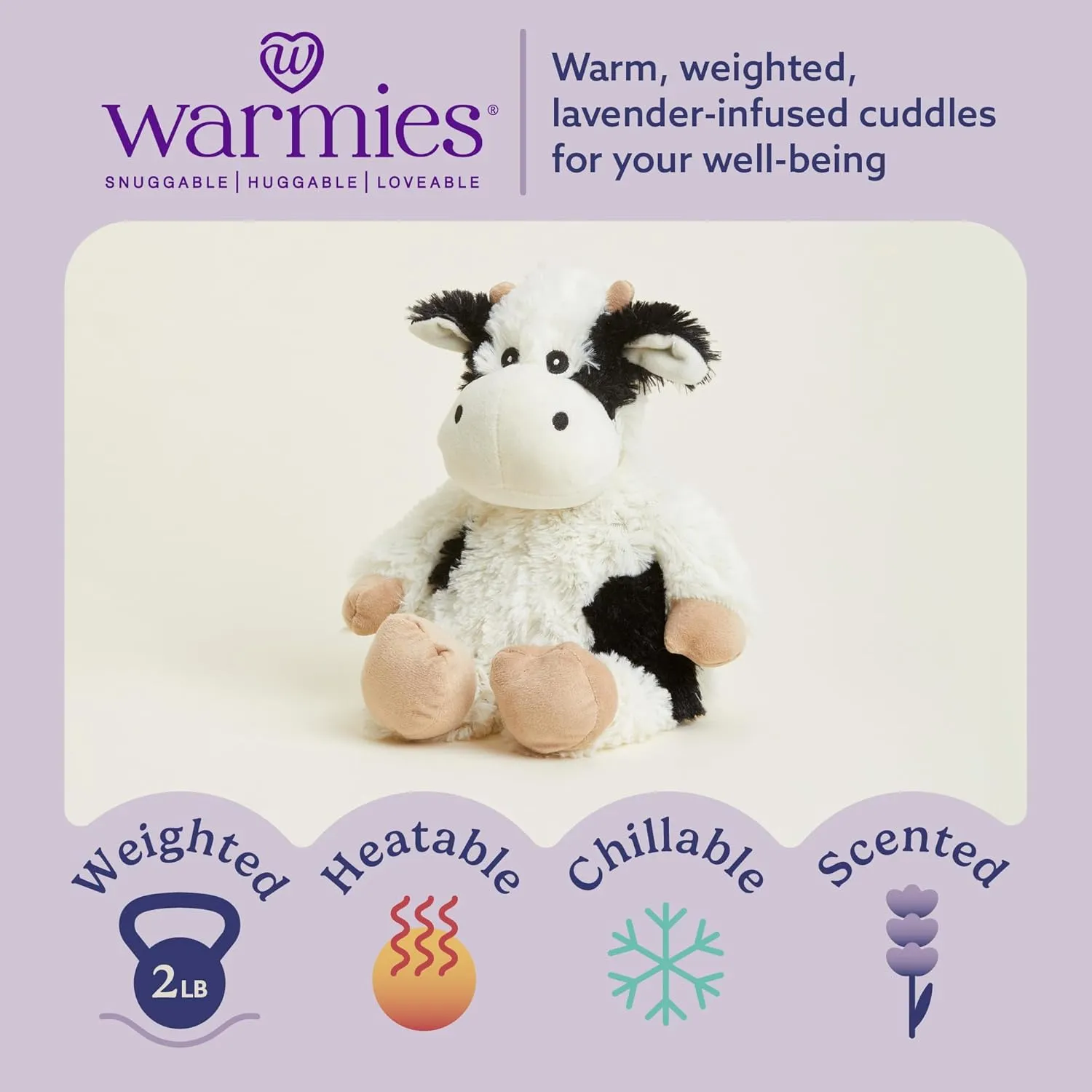 warmies Microwavable & Weighted Stuffed Animals, Black & White Cow - Heated Stuffed Animal Plushie for Warmth & Comfort - Cute Soft Plush Toys for Boys, Girls, Babies & Toddlers