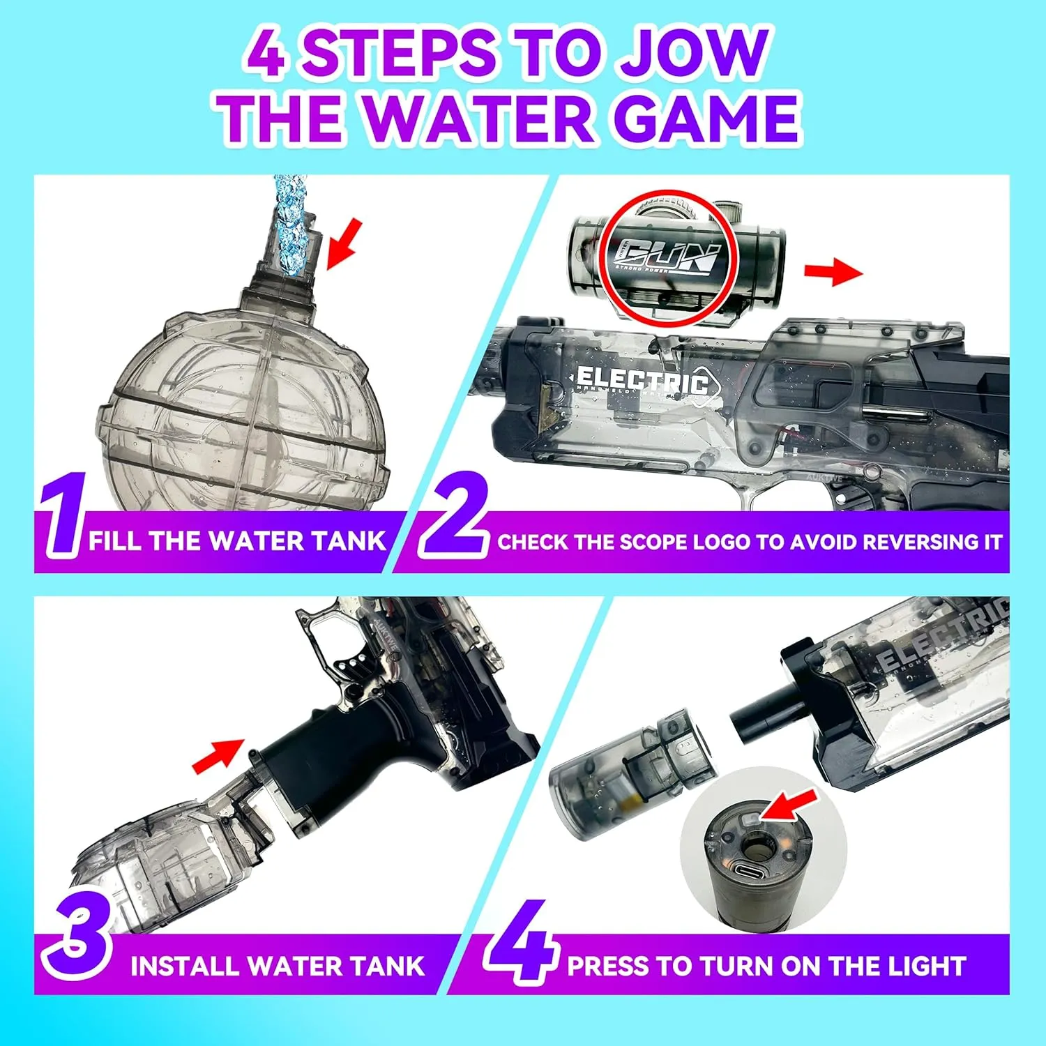 Water Gun,Electric Water Gun with Light Up,26-30 FT,Powerful High Powered Automatic Squirt Gun Fully Auto Water Blaster,Toy Game for Adult&Kid