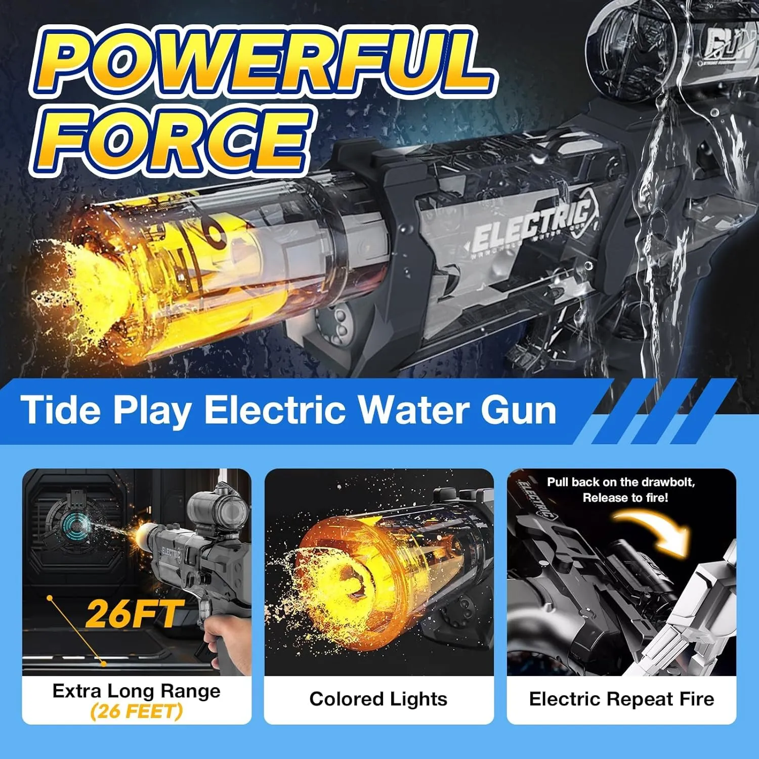 Water Gun,Electric Water Gun with Light Up,26-30 FT,Powerful High Powered Automatic Squirt Gun Fully Auto Water Blaster,Toy Game for Adult&Kid