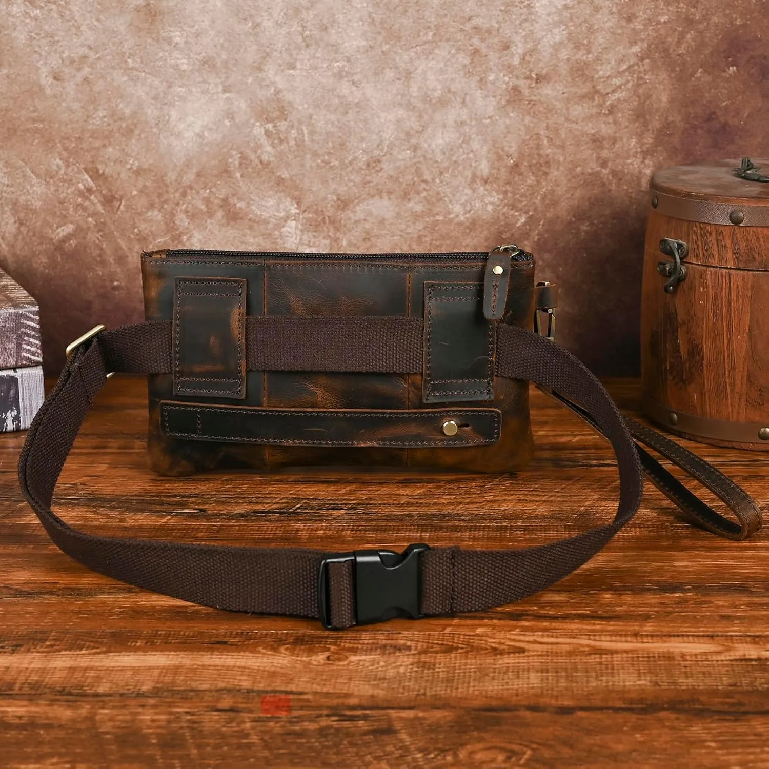Water Resistant Canvas   Leather Hiking Riding Travel Fanny Waist Pack Small Phone Pouch For Men Women FB811-29 (100% Leather-The 8136 Brown)